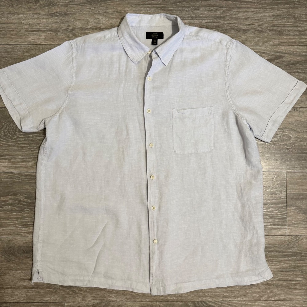 Club Room Luxury Mens XXL Shirt Light Blue 100% Linen Short Sleeve Button Down‎